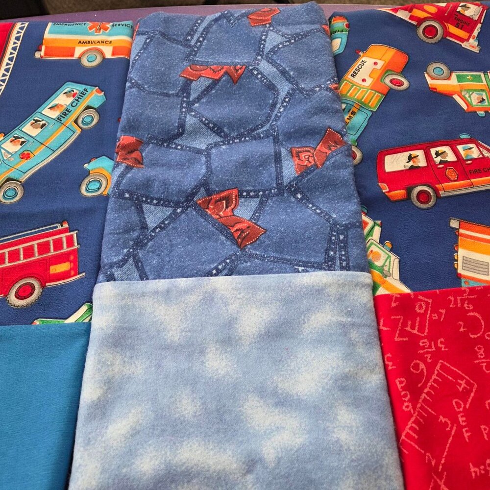 Handmade 3 Pillowcases Standard Fire Trucks, Blue-Red Cotton & Flannel Child Bed
